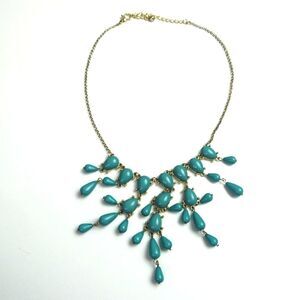 Teardrop Faux Turquoise Beaded Bib Statement Necklace Gold Tone Boho Festival